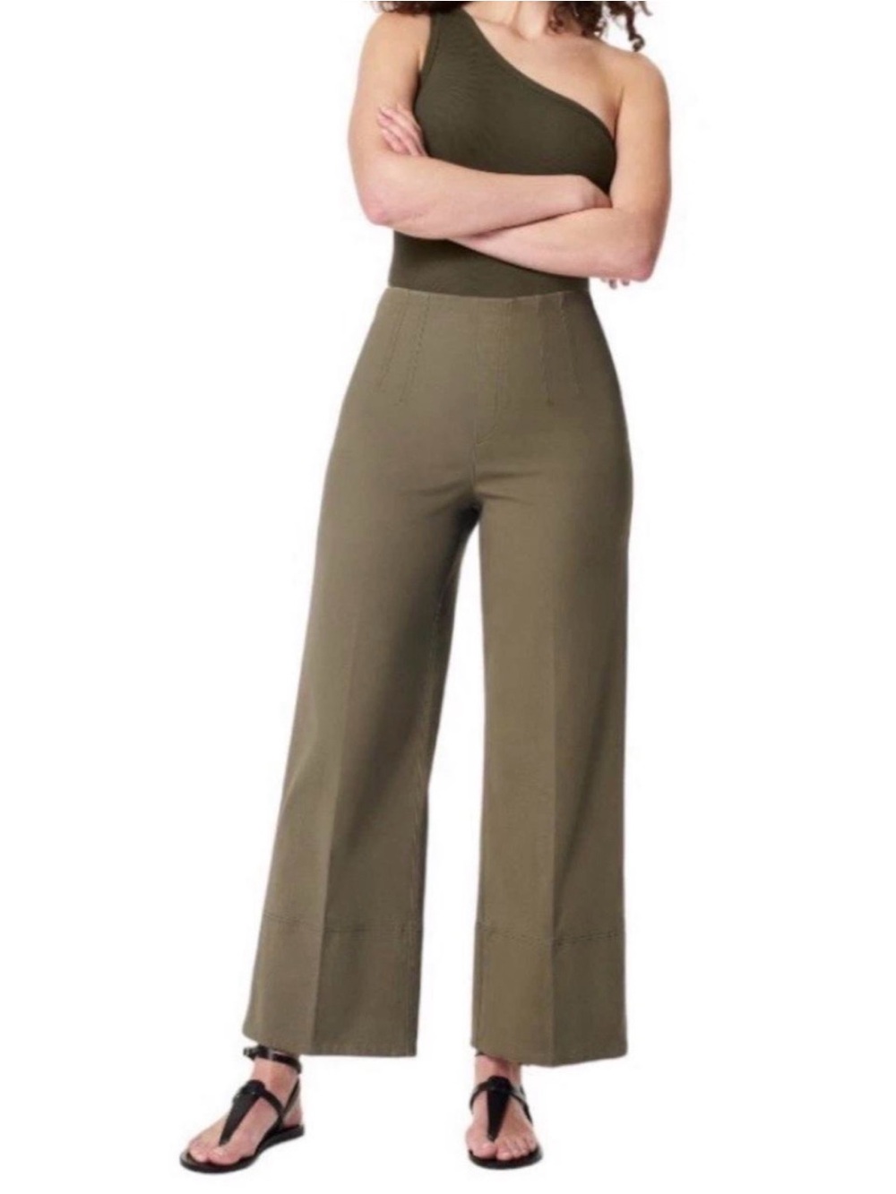 Spanx Tuscan Olive No Waistband Wide-Leg Twill Pants Size Medium